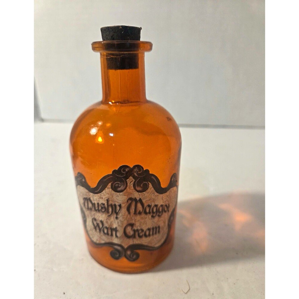 Brown Bottle w/ Cork Stopper “Mushy Maggot Wart Cream” Label 5" Halloween decor